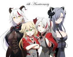 Rule 34 | 4girls, admiral hipper (azur lane), aegir (azur lane), anniversary, august von parseval (azur lane), azur lane, breasts, choker, cleavage, cross, cross earrings, crossed arms, earrings, grey eyes, hair over one eye, hand on another&#039;s shoulder, headgear, height difference, horns, iron cross, jewelry, large breasts, looking at another, looking away, multicolored hair, multiple girls, prinz eugen (azur lane), sideboob, steed (steed enterprise), streaked hair, two-tone hair, two side up, white background, white hair
