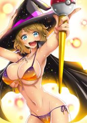Rule 34 | 1girl, :d, adjusting clothes, adjusting headwear, aqua eyes, armpits, bikini, blonde hair, blush, breasts, cape, cleavage, cowboy shot, creatures (company), fingernails, foreshortening, front-tie bikini top, front-tie top, game freak, groin, halloween, halloween costume, hat, highres, large breasts, light particles, looking at viewer, nail polish, navel, nintendo, open mouth, pink nails, poke ball, pokemon, pokemon (anime), pokemon xy (anime), serena (pokemon), short hair, side-tie bikini bottom, sideboob, smile, solo, staff, stomach, swimsuit, takecha, underboob, witch, witch hat