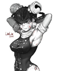 Rule 34 | 1girl, armpits, arms behind head, arms up, bell, bell earrings, black hair, blood, braid, breasts, covered navel, earrings, greyscale, hip focus, jewelry, large breasts, lin lin (one-punch man), medium breasts, monochrome, one-punch man, pelvic curtain, plaster, scarf, sideboob, solo, sweat, the golden smurf, twin braids, twintails