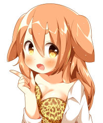 Rule 34 | 1girl, :d, animal ears, animal print, blush, bra, breast press, breasts, brown eyes, brown hair, collarbone, collared shirt, dog ears, fang, gau (n00 shi), hair between eyes, highres, index finger raised, leopard print, long hair, looking at viewer, medium breasts, open clothes, open mouth, open shirt, original, shirt, smile, solo, thick eyebrows, underwear, upper body, white shirt, wing collar