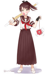 Rule 34 | 1girl, adapted costume, black gloves, brown eyes, brown hair, brown sailor collar, brown skirt, blowing bubbles, chewing gum, delinquent, enemy lifebuoy (kancolle), fingerless gloves, full body, gloves, highres, kantai collection, kujira naoto, long hair, long skirt, looking at viewer, neckerchief, ponytail, red neckerchief, sailor collar, school uniform, serafuku, shikinami (kancolle), shinai, shoes, short ponytail, simple background, single glove, skirt, solo, standing, sukeban, sword, twitter username, uwabaki, weapon, white background