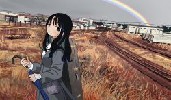 Rule 34 | 1girl, absurdres, black hair, brown eyes, coat, from side, highres, holding, holding umbrella, huge filesize, instrument case, long hair, long sleeves, nail polish, original, outdoors, railroad tracks, rainbow, ribbed sweater, scenery, solo, sweater, trench coat, turtleneck, turtleneck sweater, umbrella, zinbei