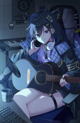 Rule 34 | 1boy, absurdres, animal ear hood, animal ears, black hair, chair, commentary, crossed legs, cup, dark background, earrings, fake animal ears, gaming chair, guitar, hair between eyes, hairpin, headphones, headphones around neck, highres, holding, holding guitar, holding instrument, holostars, hood, hood up, hooded jacket, instrument, jacket, jewelry, kanade izuru, keyboard (computer), keyboard (instrument), looking at viewer, male focus, microphone, multiple hairpins, musical note, nail polish, open clothes, open jacket, pora 0918, poster (object), purple eyes, short hair, shorts, sidelighting, sitting, smile, solo, swivel chair, symbol-only commentary, thigh strap, virtual youtuber
