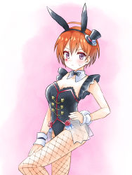 Rule 34 | 1girl, animal ears, black bow, black bowtie, bow, bowtie, breasts, character request, cleavage, detached collar, fake animal ears, fishnets, hand on own hip, hand on own thigh, hat, highres, kirara fantasia, leotard, looking to the side, ma tsukasa, mini hat, orange hair, pantyhose, playboy bunny, purple eyes, rabbit ears, short hair, small breasts, solo