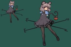 Rule 34 | 1girl, animal ears, arms behind back, bad id, bad pixiv id, basket, black dress, black footwear, black pantyhose, capelet, closed mouth, dowsing rod, dress, full body, green background, grey hair, jewelry, looking at viewer, mouse (animal), mouse ears, mouse tail, multiple views, namako daibakuhatsu, nazrin, necklace, pantyhose, pendant, pixel art, red eyes, shoes, simple background, smile, standing, tail, touhou