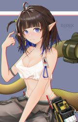 Rule 34 | 1girl, ahoge, arknights, bare arms, bare shoulders, black hair, blue eyes, blue hair, blunt bangs, breasts, camisole, chinese commentary, cleavage, commentary request, crop top, dated, eunectes (arknights), eunectes (forgemaster) (arknights), grey pants, hand up, highres, looking at viewer, medium breasts, midriff, multicolored hair, navel, pants, pointy ears, short hair, solo, spaghetti strap, stomach, za bianhuinanxin za