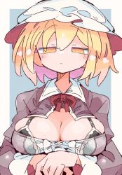 Rule 34 | 1girl, black bra, blonde hair, blue background, blush, bra, breasts, cleavage, closed mouth, commentary, hat, highres, large breasts, long sleeves, maribel hearn, massakasama, mob cap, short hair, solo, touhou, underwear, upper body, white hat, yellow eyes