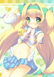 Rule 34 | 1girl, :x, arc system works, bare shoulders, bell, blazblue, blazblue: continuum shift, blonde hair, blush, bow, checkered background, gloves, green eyes, hair bow, hairband, heart, heart-shaped pupils, heart background, highres, long hair, looking at viewer, low-tied long hair, midriff, navel, platinum the trinity, quad tails, ribbon, skirt, solo, symbol-shaped pupils, taiki ken, twintails, two side up, very long hair