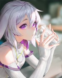 Rule 34 | 1girl, animal ears, bare shoulders, blurry, blurry background, breasts, cable, colored inner hair, cup, detached sleeves, drink, drinking glass, ear down, earphones, elbow rest, eyelashes, fingernails, from side, hair between eyes, hands up, hansum, highres, holding, holding cup, looking at viewer, multicolored hair, o-ring, original, purple eyes, purple hair, rabbit, rabbit ears, shade, short hair, sideways glance, sleeves past wrists, small breasts, solo, strap slip, turtleneck, two-tone hair, upper body, white hair