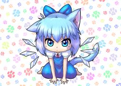 Rule 34 | 1girl, :&lt;, animal ears, arm support, bad id, bad pixiv id, barefoot, blue eyes, blue hair, bow, cat ears, cat tail, cirno, dress, hair bow, kemonomimi mode, l (negaeru), looking at viewer, matching hair/eyes, paw print, short hair, short sleeves, sitting, solo, tail, touhou, wariza