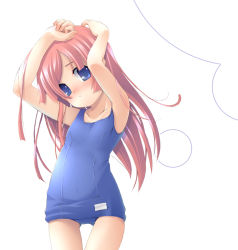Rule 34 | 1girl, armpits, arms up, blue eyes, blush, child, female focus, flat chest, long hair, one-piece swimsuit, original, pink hair, school swimsuit, solo, swimsuit, thigh gap, thighs, vanity doll
