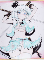 Rule 34 | 1girl, arms up, blue eyes, blush, bow, breasts, cameltoe, cleavage, cleft of venus, colored pencil (medium), colorized, covered erect nipples, dual wielding, female focus, fingerless gloves, gloves, hair bow, heart, holding, katana, konpaku youmu, monochrome, navel, okiraku nikku, panties, revealing clothes, sarashi, scabbard, sheath, shikishi, short hair, silver hair, skirt, smile, solo, striped clothes, striped panties, sword, thighhighs, torn clothes, touhou, traditional media, underwear, weapon