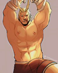 Rule 34 | 1boy, abs, all might, antenna hair, armpits, bandages, bara, blonde hair, blood, boku no hero academia, boxers, bulge, erection, erection under clothes, glowing, glowing eyes, hair slicked back, highres, large pectorals, male focus, male underwear, mature male, muscular, muscular male, navel, nipple piercing, nipples, nosebleed, pectorals, piercing, red male underwear, short hair, solo, stomach, stormcallart, thick thighs, thighs, underwear, underwear only