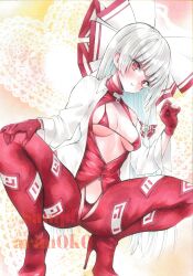 Rule 34 | 1girl, absurdres, adapted costume, arim0k0, artist name, bikini, blush, bow, closed mouth, commentary, corrupted twitter file, fujiwara no mokou, full body, grey hair, hair bow, high heels, highres, long hair, looking at viewer, navel, open clothes, open shirt, orange background, pantyhose, red bikini, red eyes, red pantyhose, sample watermark, shirt, solo, squatting, swimsuit, touhou, traditional media, watermark, white bow, white shirt