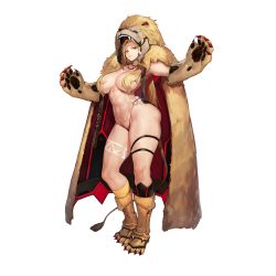Rule 34 | 1girl, animal hands, blonde hair, breasts, cape, full body, game cg, gloves, hair censor, highres, jam (nandade), jewelry, large breasts, last origin, lion hood, lion tail, looking at viewer, necklace, official art, paw gloves, queen of mane, simple background, smile, solo, tachi-e, tail, topless, transparent background, yellow eyes