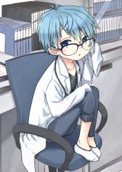 Rule 34 | 1boy, blue eyes, blue hair, chair, child, glasses, lab coat, looking at viewer, male focus, original, os (os fresa), oversized clothes, sitting, sleeves past wrists, socks, solo, souta (os)
