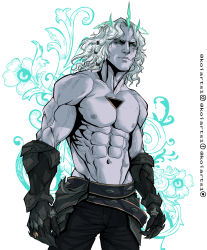 Rule 34 | 1boy, abs, absurdres, black gloves, black pants, black sclera, colored sclera, crown, gloves, green eyes, highres, jewelry, league of legends, looking down, male focus, muscular, muscular arms, muscular male, nipples, pants, ring, solo, veins, viego (league of legends), white background, white hair