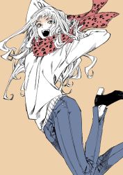 Rule 34 | 1girl, animal print, arms up, belt, denim, heart, heart-shaped pupils, high heels, highres, jeans, jumping, leopard print, long hair, open mouth, original, pants, red scarf, scarf, shaded face, simple background, solo, sweater, symbol-shaped pupils, teeth, yellow background, yellow eyes, yozudami
