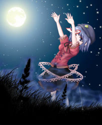 Rule 34 | 1girl, arms up, bad id, bad pixiv id, blue eyes, blue hair, breasts, chinese clothes, covering face, covering own mouth, covering privates, female focus, fingernails, full moon, grass, hat, highres, leaf, light trail, looking at viewer, matching hair/eyes, miyako yoshika, moon, night, ofuda, open hands, outstretched arms, satorichan, short hair, short sleeves, skirt, sky, solo, standing, star (sky), star (symbol), starry sky, touhou, vest, zombie pose