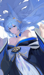 Rule 34 | 1girl, absurdres, animal ear fluff, animal ears, azur lane, bare shoulders, blue eyes, blue hair, breasts, cleavage, fox ears, gold trim, highres, large breasts, light blue hair, long hair, long sleeves, looking at viewer, maren95143, off shoulder, shinano (azur lane), simple background, solo, very long hair, white background, wide sleeves