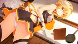 Rule 34 | 1girl, apron, ass, beretta (x-overd), black skirt, black thighhighs, blonde hair, breasts, brown eyes, clothing cutout, cutting board, doll joints, dutch angle, eyes visible through hair, from below, frying pan, game cg, hair ornament, highres, indoors, joints, kitchen, kitchen knife, knife, looking at viewer, looking back, medium breasts, official art, panties, pantyshot, short hair, side cutout, skirt, solo, standing, thighhighs, underwear, upskirt, white panties, wrist cuffs, x-overd, yellow apron