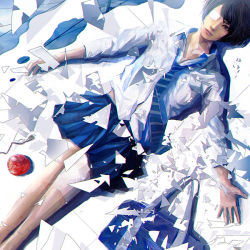 Rule 34 | 1girl, bag, blue background, blue necktie, closed mouth, collared shirt, commentary, diagonal stripes, expressionless, eyepatch, from above, legs together, long sleeves, looking at viewer, lying, necktie, on back, on floor, one eye covered, original, outstretched arms, pleated skirt, school bag, school uniform, shirt, short hair, skirt, solo, spread arms, striped necktie, striped neckwear, wataboku, white shirt, wing collar