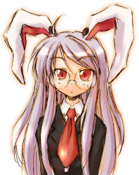 Rule 34 | 1girl, ahoge, animal ears, bespectacled, female focus, formal, glasses, gradient background, hirasaka makoto, necktie, rabbit ears, red necktie, reisen udongein inaba, simple background, solo, suit, touhou, white background