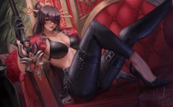 Rule 34 | 1girl, absurdres, artist name, beidou (genshin impact), black bra, black footwear, black hair, black pants, bra, breasts, cleavage, commentary, couch, dated, english commentary, eyepatch, flower, genshin impact, hair between eyes, hair ornament, hairpin, high heels, highres, knee up, large breasts, lipstick, looking at viewer, makeup, meister staze, pants, red eyes, red lips, rose, signature, sitting, solo, sword, taut clothes, taut pants, underwear, weapon