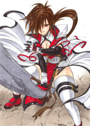 Rule 34 | 1girl, arc system works, bibyo, breasts, brown hair, cleavage, cleavage cutout, clothing cutout, concrete, genderswap, genderswap (mtf), gloves, guilty gear, hair over one eye, large breasts, order-sol, order sol, red eyes, sol badgal, sol badguy, solo, sword, thigh strap, thighhighs, weapon