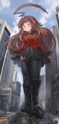 Rule 34 | 1girl, :o, ahoge, alternate costume, black footwear, black skirt, black thighhighs, brown hair, building, bus, car, cityscape, crushing, destruction, giant, giantess, girls und panzer, hair intakes, huge ahoge, jacket, kantai collection, kuma (kancolle), long hair, long sleeves, motor vehicle, outdoors, red eyes, red jacket, road, size difference, skirt, skyscraper, st. gloriana&#039;s military uniform, thighhighs, walking