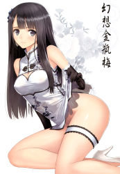 Rule 34 | 1girl, absurdres, black gloves, black hair, blush, breasts, china dress, chinese clothes, cleavage, cleavage cutout, closed mouth, clothing cutout, dress, elbow gloves, eyebrows, floral background, floral print, flower, frills, gloves, grey eyes, hair ornament, high heels, highres, kneeling, long hair, looking at viewer, medium breasts, no panties, original, ping-yi (tony taka), scan, shiny skin, short dress, simple background, sleeveless, solo, thigh strap, tony taka