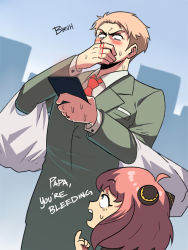 Rule 34 | anya (spy x family), bag, blonde hair, blood, blush, cellphone, child, cone hair bun, english text, father and daughter, formal, green suit, hair bun, highres, necktie, nosebleed, phone, pink hair, red necktie, shopping bag, smartphone, spy x family, suit, tina fate, twilight (spy x family)