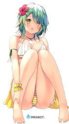 Rule 34 | 1girl, absurdres, bare shoulders, barefoot, bikini, breasts, cleavage, collarbone, earrings, flower, green hair, hair flower, hair ornament, highres, jewelry, kurebayashi noe, looking at viewer, nail polish, necklace, open mouth, original, scrunchie, shell, shell necklace, short hair, simple background, sitting, solo, striped bikini, striped clothes, swimsuit, white background, wrist scrunchie, yellow eyes