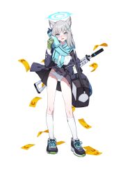 Rule 34 | 1girl, animal ears, assault rifle, black bag, black skirt, blue archive, blue eyes, blue halo, blue necktie, blue scarf, blush, bottle, bright pupils, commission, cross hair ornament, full body, grey hair, gun, hair ornament, halo, highres, holding, holding bottle, kneehighs, long sleeves, looking at viewer, mismatched pupils, necktie, open mouth, panties, polka dot, polka dot panties, rifle, scarf, shiroko (blue archive), shirt, shoes, simple background, skirt, sneakers, socks, solo, standing, toombo12, underwear, weapon, white background, white panties, white pupils, white shirt, white socks, wolf ears