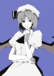 Rule 34 | 1girl, alternate hairstyle, ascot, brooch, female focus, hand on own chin, hat, jewelry, lefthand, light smile, lips, monochrome, puffy sleeves, remilia scarlet, short hair, short sleeves, simple background, solo, touhou, wings
