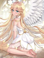Rule 34 | 1girl, absurdly long hair, ahoge, angel wings, angelica (epic seven), aqua eyes, artist name, backless dress, backless outfit, bare shoulders, barefoot, blush, braid, commentary, dress, epic seven, feet, full body, hair between eyes, highres, kneeling, long braid, long hair, looking at viewer, multiple braids, soles, solo, toes, very long hair, vickie (cryingrobot), white dress, wings