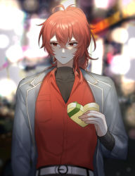 Rule 34 | 1boy, absurdres, belt, blurry, blurry background, blush, box, closed mouth, collarbone, collared shirt, diluc (genshin impact), genshin impact, hair between eyes, heart, highres, holding, holding box, jacket, kkopoli, long hair, long sleeves, looking to the side, male focus, red eyes, red hair, red shirt, shirt, sweat