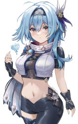 Rule 34 | 1girl, adapted costume, ahoge, alternate costume, ati (user udhn5578), black gloves, black hairband, black headband, black legwear, black pants, blue hair, blue nails, breasts, commentary, cowboy shot, crop top, english commentary, eula (genshin impact), eyes visible through hair, fingerless gloves, fingernails, genshin impact, gloves, hair between eyes, hair ornament, hairband, headband, highres, looking at viewer, medium breasts, medium hair, midriff, multicolored eyes, nail polish, navel, pants, purple eyes, short sleeves, simple background, skin tight, solo, twitter username, vision (genshin impact), white background, yellow eyes