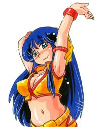 Rule 34 | 1girl, arm grab, arm up, armband, belt, blue eyes, blue hair, blush, bracelet, breasts, collarbone, crop top, dirty pair, gloves, hoshino fuuta, jewelry, large breasts, long hair, looking at viewer, midriff, navel, shirt, shorts, single glove, smile, standing, white background, yellow belt, yellow gloves, yellow shirt, yellow shorts, yuri (dirty pair)