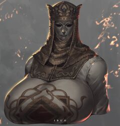 Rule 34 | 1girl, absurdres, alternate breast size, armor, arms at sides, breasts, chainmail, crown, dress, elden ring, highres, huge breasts, ibuo (ibukht1015), jewelry, lady tanith (elden ring), looking at viewer, mask, solo, upper body, veil, zipper