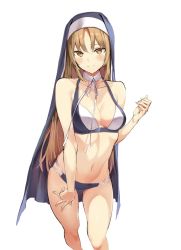 Rule 34 | 1girl, bare arms, bare shoulders, bikini, blush, breasts, brown eyes, closed mouth, commentary request, cowboy shot, detached collar, hand up, highres, hiiragi yuuichi, large breasts, light brown hair, looking at viewer, navel, neck ribbon, nijisanji, nun, ribbon, simple background, sister claire, sister claire (1st costume), smile, solo, swimsuit, veil, virtual youtuber, white background, white ribbon