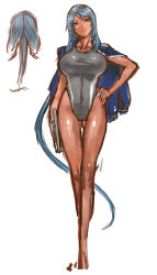 Rule 34 | 1girl, blue eyes, blue hair, breasts, clipboard, competition swimsuit, dark-skinned female, dark skin, hand on own hip, head tilt, highres, jacket, jacket over swimsuit, large breasts, long hair, matching hair/eyes, nameo (judgemasterkou), navel, one-piece swimsuit, ponytail, shiny skin, solo, swimsuit, taut clothes, taut swimsuit, thigh gap, very long hair