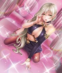Rule 34 | 1girl, armlet, bare shoulders, bed sheet, blonde hair, bracelet, breasts, choker, collarbone, curtains, dress, elf, female focus, gem, hair between eyes, highres, indoors, jewelry, katejina (taimanin asagi), kneeling, large breasts, lens flare, lilith-soft, lips, long hair, looking at viewer, mole, mole under eye, nail polish, navel, nipples, no bra, on bed, open mouth, parted lips, pillow, pointy ears, purple dress, red thighhighs, ring, sano toshihide, shiny clothes, shiny skin, skindentation, solo, taimanin (series), taimanin asagi kessen arena, thighhighs, tight clothes, very long hair, yellow eyes