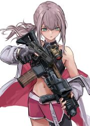 Rule 34 | 1girl, absurdres, aqua eyes, ar-57, ar-57 (girls&#039; frontline), asymmetrical legwear, black gloves, black thighhighs, c-clamp, commentary, commentary request, fingerless gloves, fn five-seven, girls&#039; frontline, gloves, gun, handgun, highres, holding, holding gun, holding weapon, jacket, lithographica, midriff, navel, off shoulder, open mouth, pink hair, pink shorts, ponytail, shorts, sidelocks, simple background, single thighhigh, solo, thighhighs, weapon, white background, white jacket