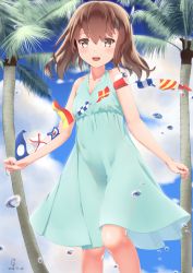 Rule 34 | 1girl, absurdres, alternate costume, bare shoulders, blue dress, brown eyes, brown hair, cloud, day, dress, etsunami kumita, flat chest, headband, highres, kantai collection, outdoors, palm tree, short hair, sky, sleeveless, sleeveless dress, solo, standing, string of flags, sundress, taihou (kancolle), tree, water drop