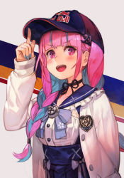 Rule 34 | 1girl, anchor hair ornament, anchor symbol, arm behind back, baseball cap, black choker, blue bow, blue hair, blue hat, blue nails, blue skirt, blush, bow, braid, breasts, choker, frills, grey background, hair ornament, hat, high-waist skirt, hololive, hungry clicker, index finger raised, jacket, light blue hair, long hair, looking at viewer, low-tied long hair, medium breasts, minato aqua, minato aqua (sailor), multicolored hair, nail polish, official alternate costume, open clothes, open jacket, open mouth, pink eyes, pink hair, product placement, red bull, sailor collar, shirt, shirt tucked in, simple background, skirt, smile, solo, streaked hair, twin braids, twintails, two-tone hair, upper body, virtual youtuber, white jacket, white shirt