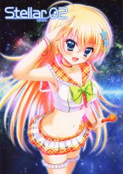Rule 34 | 1girl, :d, absurdres, blonde hair, blue eyes, hair ornament, highres, holding, ichi rin, long hair, looking at viewer, microphone, milky way, nail polish, navel, open mouth, original, pleated skirt, salute, skirt, smile, solo, space, star (sky)