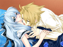 Rule 34 | 1boy, 1girl, ashe (under the moon), blonde hair, blue hair, blush, grabbing another&#039;s breast, breasts, couple, closed eyes, flower, game cg, grabbing, hetero, lying, on back, rose, sena (under the moon), small breasts, tongue, toujou sakana, under the moon, white hair