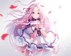 Rule 34 | 1girl, bad id, bad pixiv id, bloom, blush, choker, dress, frills, gradient background, hair ribbon, jewelry, long hair, mingou91, necklace, original, petals, pink hair, purple eyes, ribbon, ring, ring necklace, smile, solo, thighhighs, wind