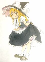Rule 34 | 1girl, apron, black footwear, blonde hair, bloomers, blush, bobby socks, bow, braid, clothes lift, curtsey, full body, hat, hat bow, highres, kirisame marisa, large bow, long hair, looking at viewer, mary janes, matsunoha, no nose, puffy short sleeves, puffy sleeves, shoes, short sleeves, skirt, skirt lift, skirt set, smile, smirk, socks, solo, touhou, twin braids, underwear, vest, waist apron, wavy hair, white background, white bloomers, witch hat, yellow eyes